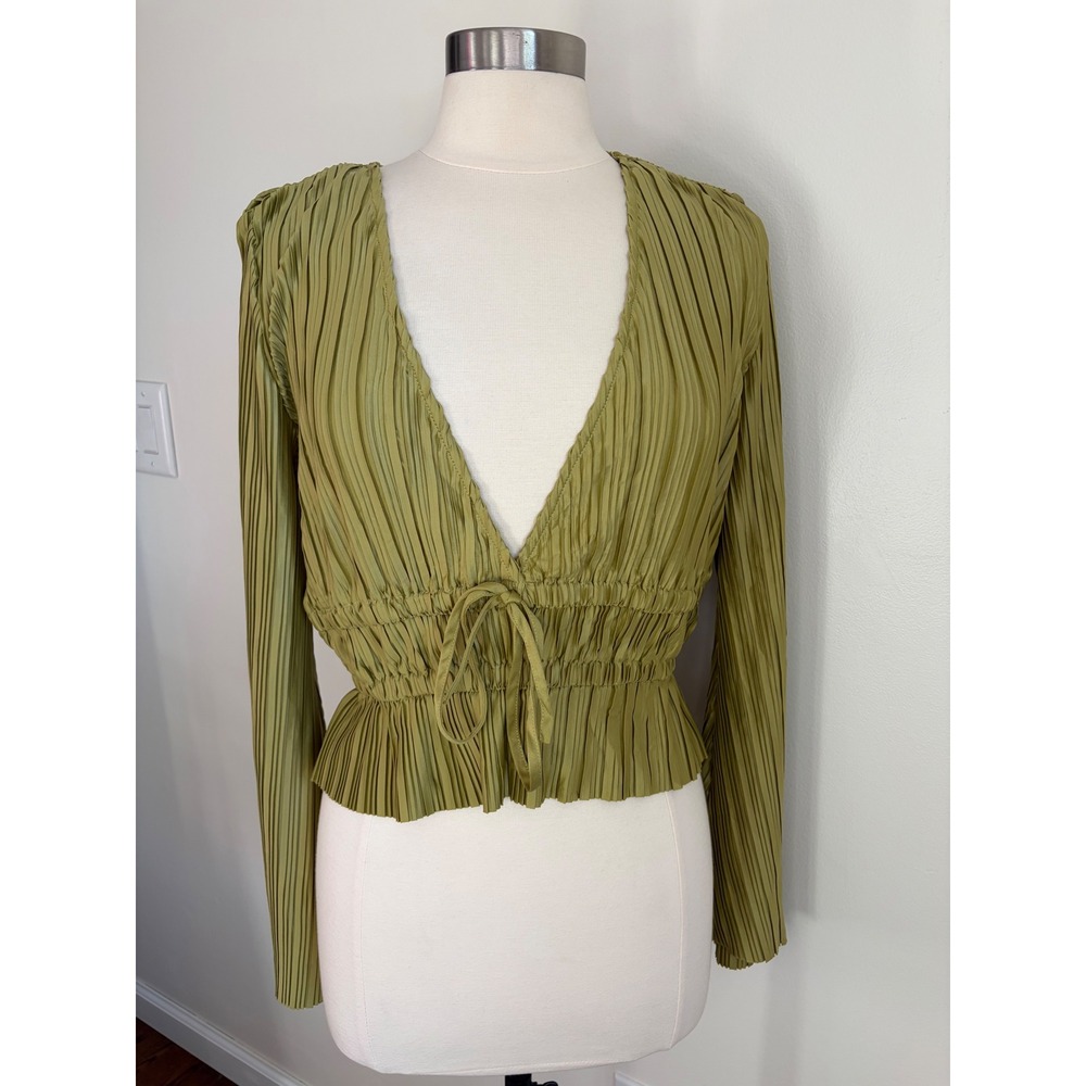 Lulus Chartreuse Green Pleated V-Neck Bell Sleeve Peplum Top XL Plisse Satin
